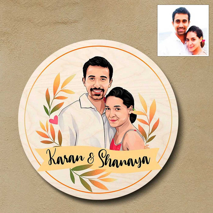 Printed Character Wooden Round Nameplate For Couples - Front View with Personalized Artwork and Photo Reference