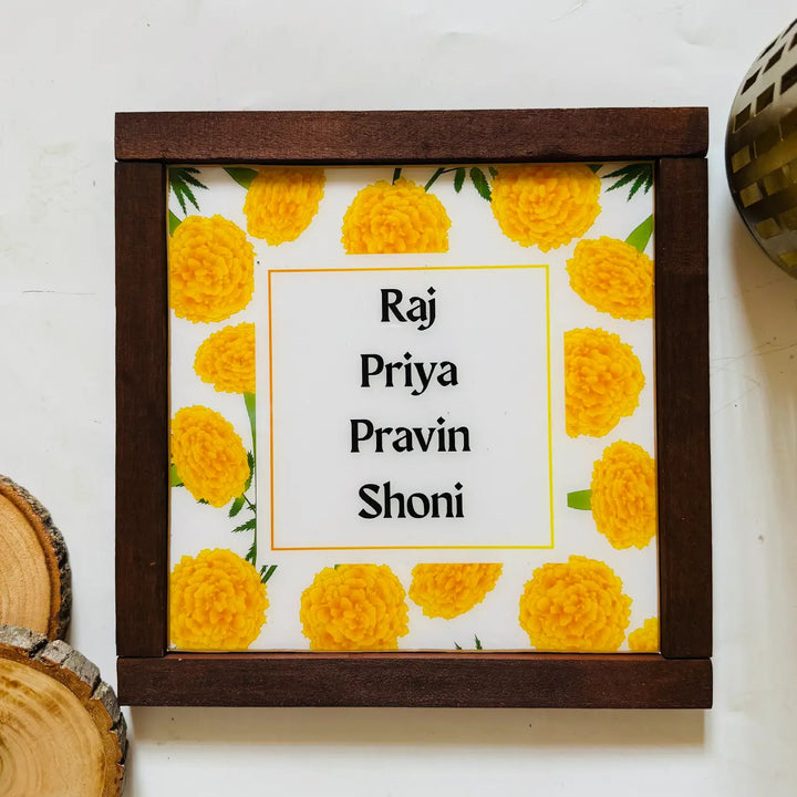 Yellow Marigold Personalized Framed Square Resin Name Plate