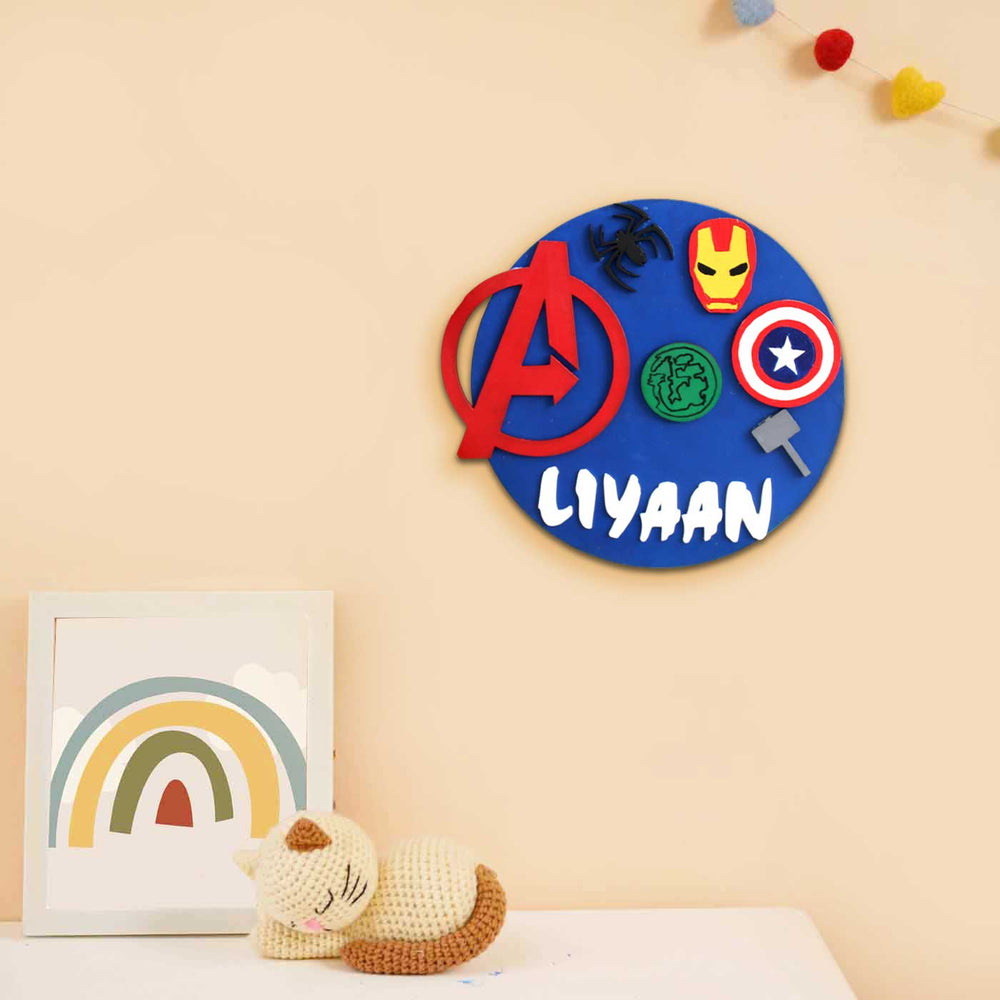 Personalized Hand Painted Avengers Mdf Wood Kids Name Plate - Mounted on Wall with Name Personalization