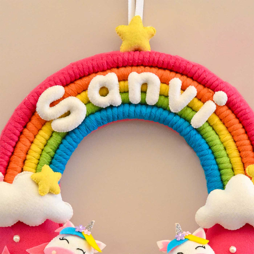 Personalized Rainbow And Unicorn Theme Round Felt Kids Nameplate - Hanging Display Showing Name Personalization
