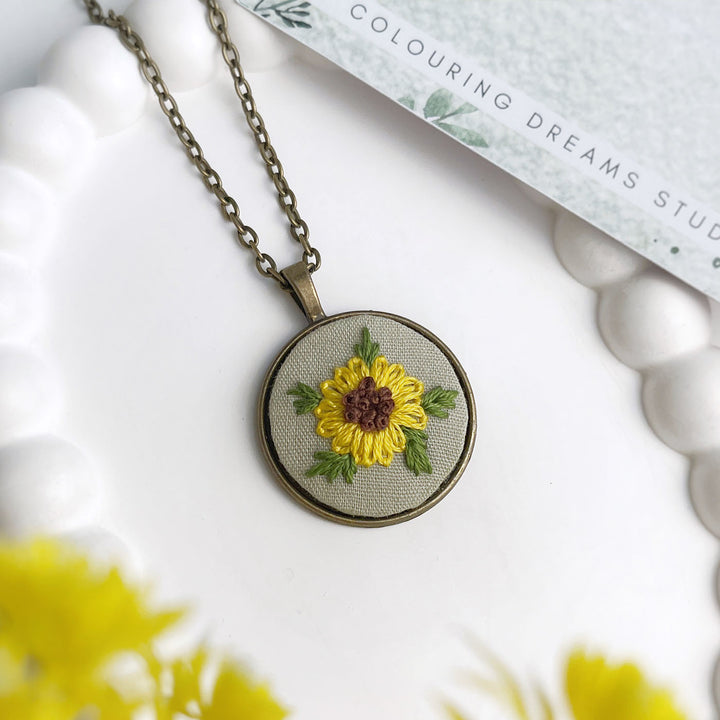 Hand Embroidered Sunflower Vow Antique Finish Necklace