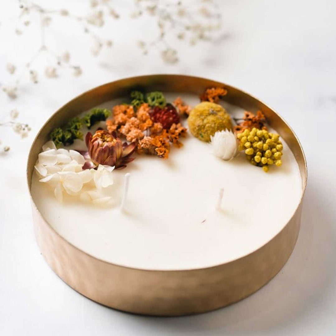 5 Inch | Handmade Hammered Copper Finish Urli Scented Candle With Dry Flowers