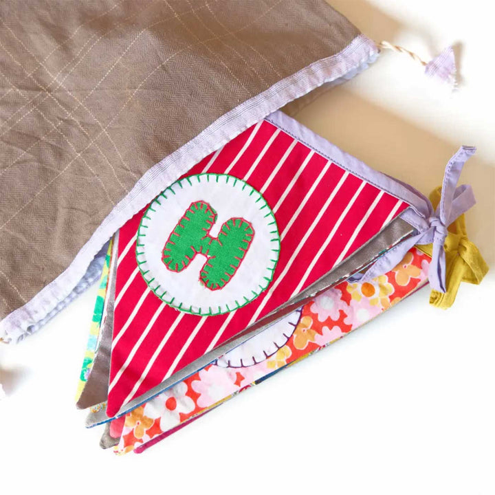 Handmade Multicolored Triangular "Happy Birthday" Upcycled Fabric Bunting