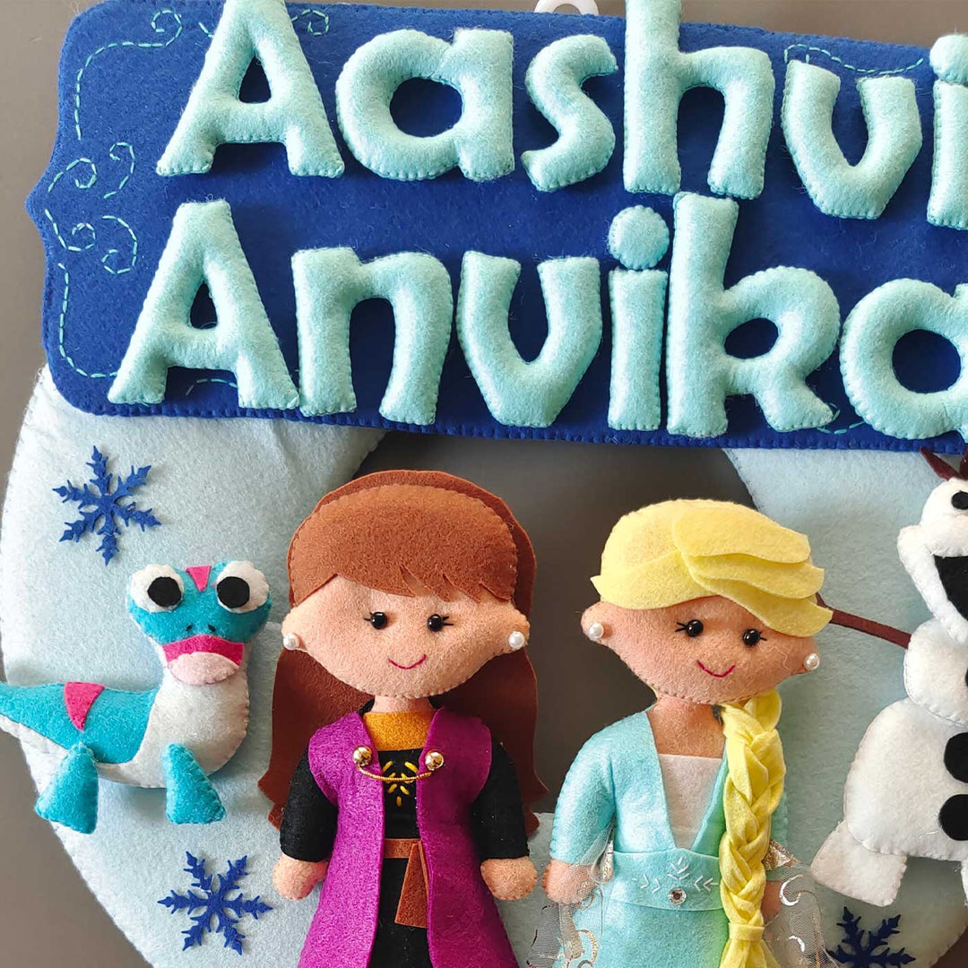Personalized Frozen Theme Felt Kids Name Plate For Siblings - Name Personalization Close-up with Characters