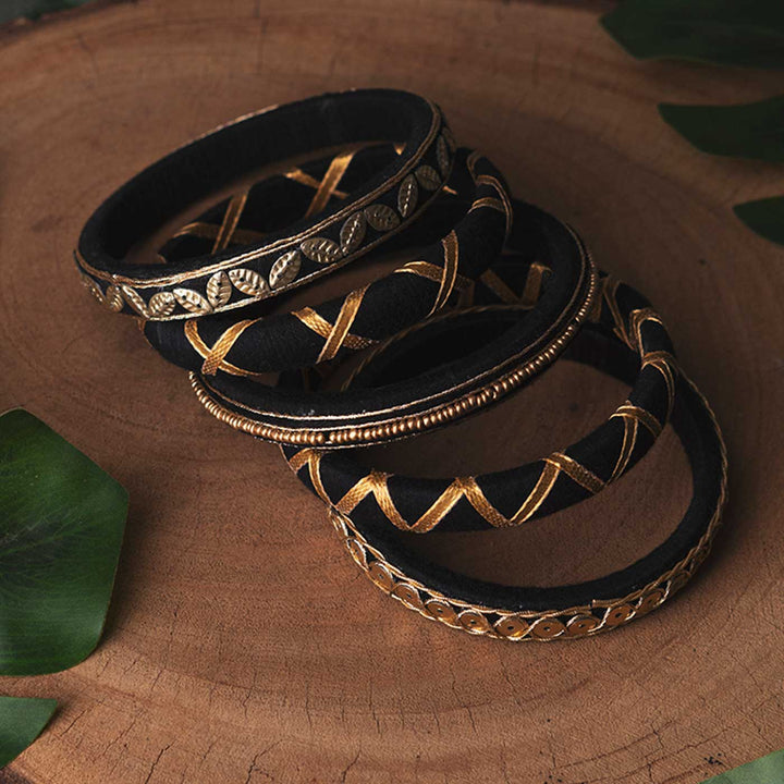 Black & Gold Handcrafted Delicate Zardosi Bangles | Set of 5