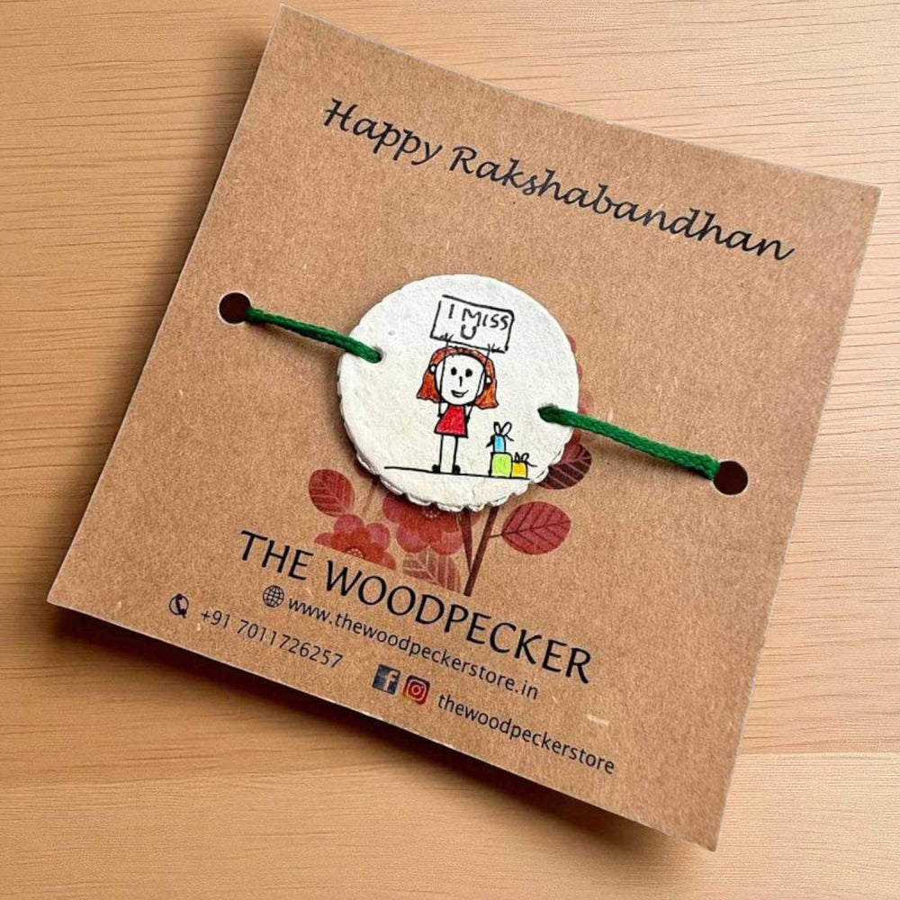 Personalized Hand Painted Miss You Theme Clay Rakhi With Roli Chawal - Bracelet Mounted on Packaging Card