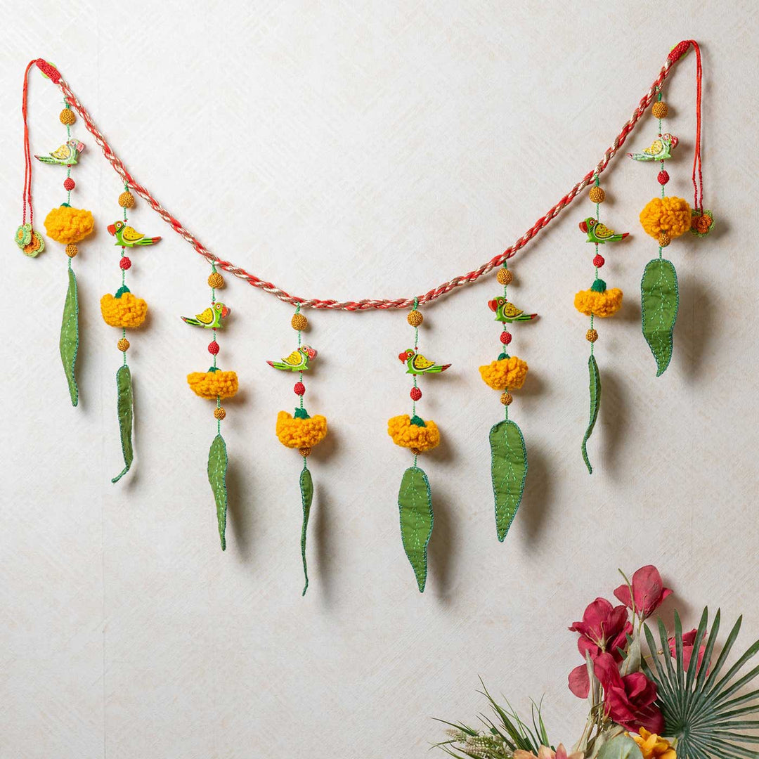 49 In | Intricate Realistic Crochet Ashok Patta Marigold And Parrot Cotton Toran