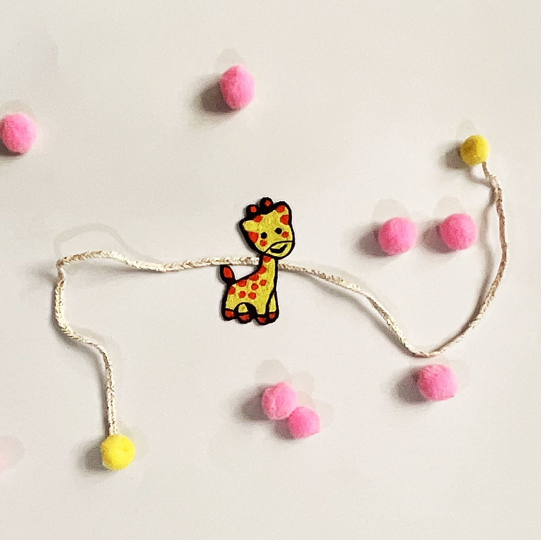 Handmade Reusable Giraffe Theme Pom Pom Felt Kids Rakhi - Unfolded Flat View