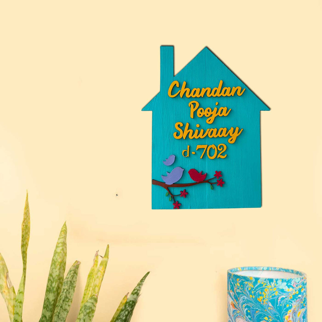 Personalized Hand-Painted Birds Theme Hut Shaped Wooden Name Plate