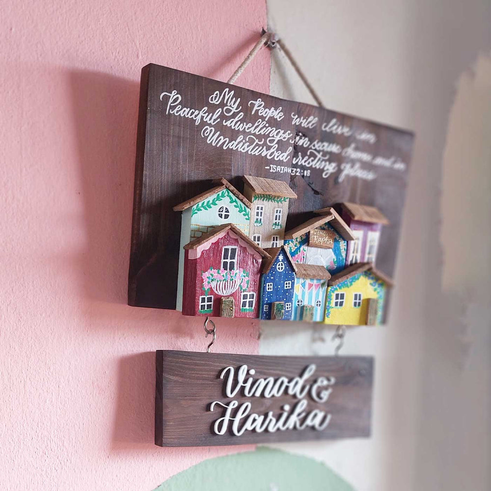 Personalized Houses Theme Pine Wood Name Plate - Hanging on Wall Showing Depth