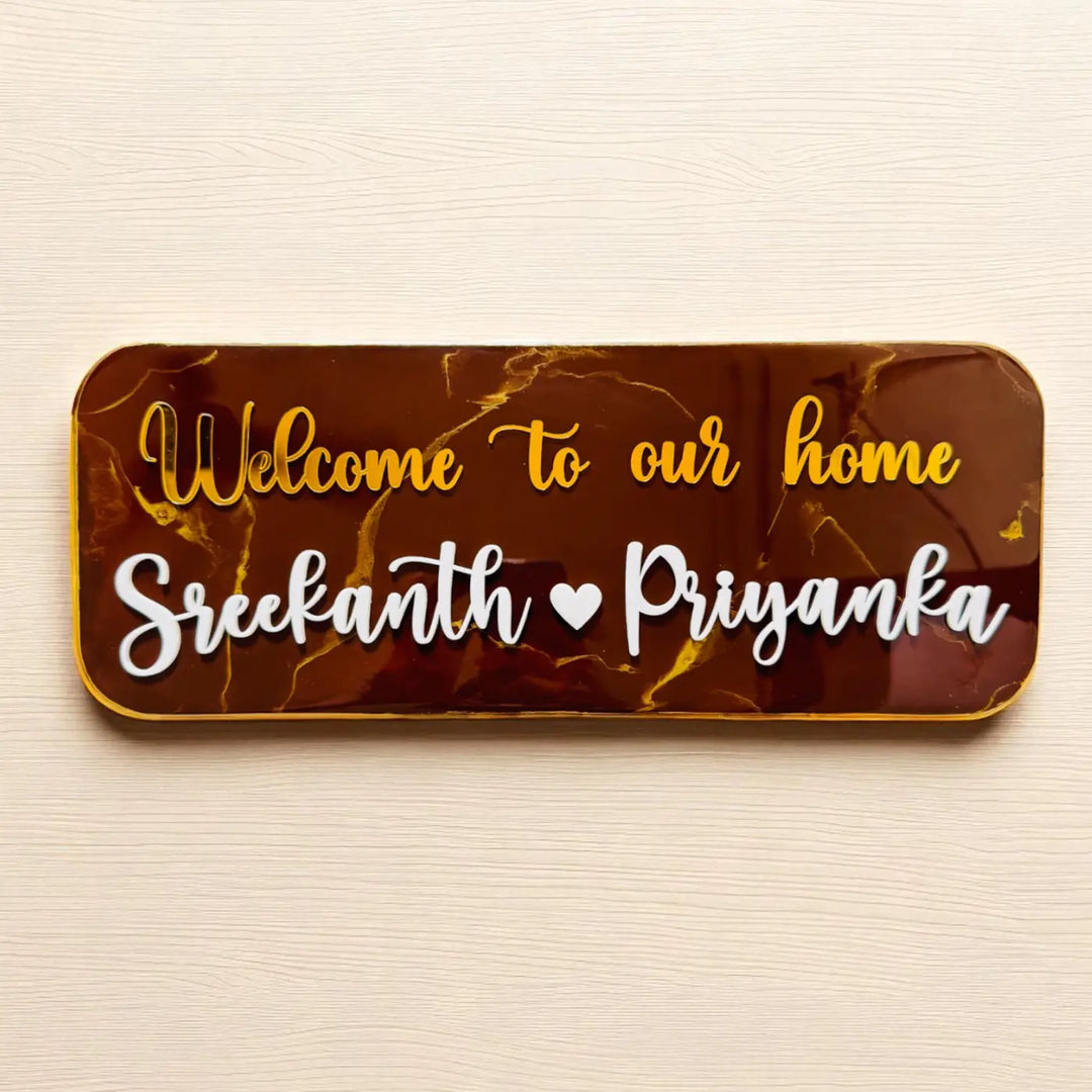 Coffee Brown Minimal Personalized Marble Effect Oval Resin Name Plate | With 3D Acrylic Letters