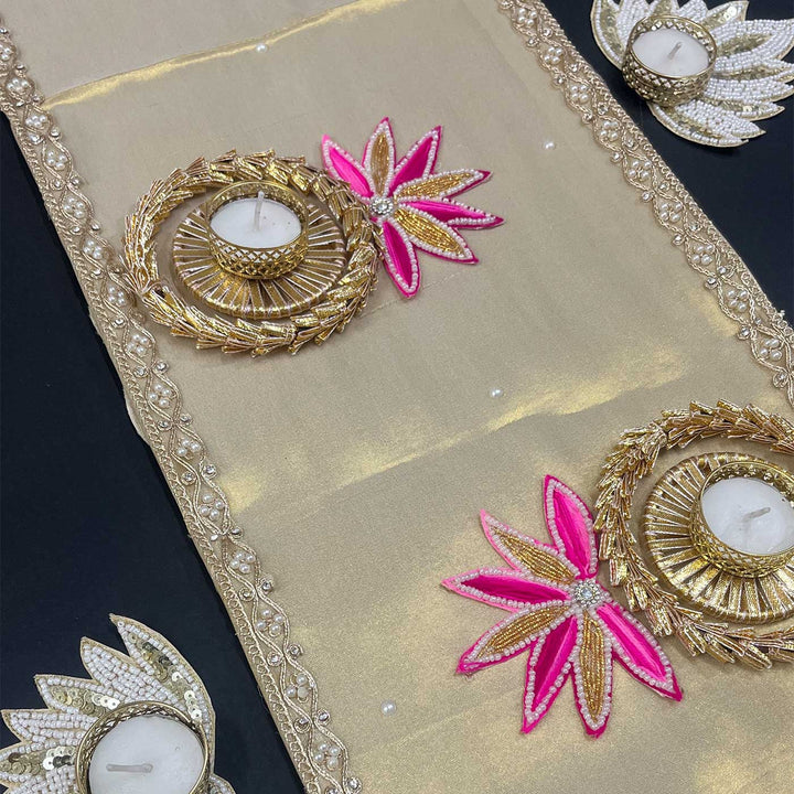 Handcrafted Reversible Gota Patti & Patchwork Thai Silk Gold Table Runner With Removable Tealight Holders