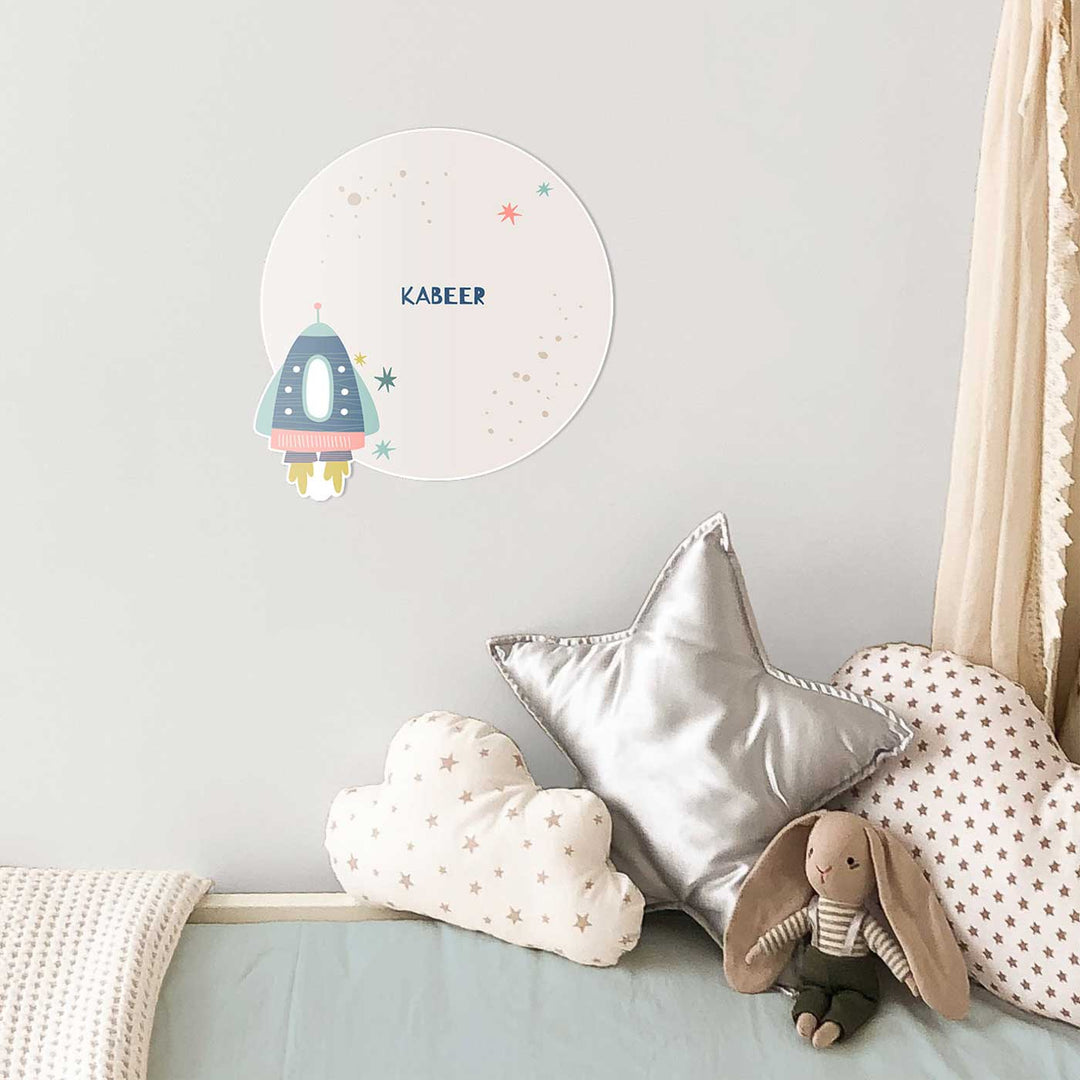 Personalized Space Explorer Theme Acrylic Kids Name Plate - Mounted on Nursery Wall Display