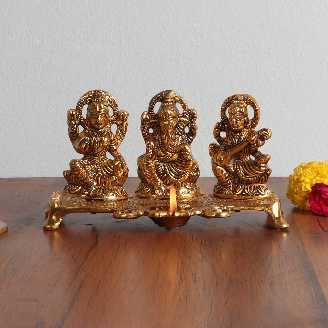 Handmade Lakshmi Ganesh Saraswati Aluminium Oil Lamp / Diya For Pooja Decor