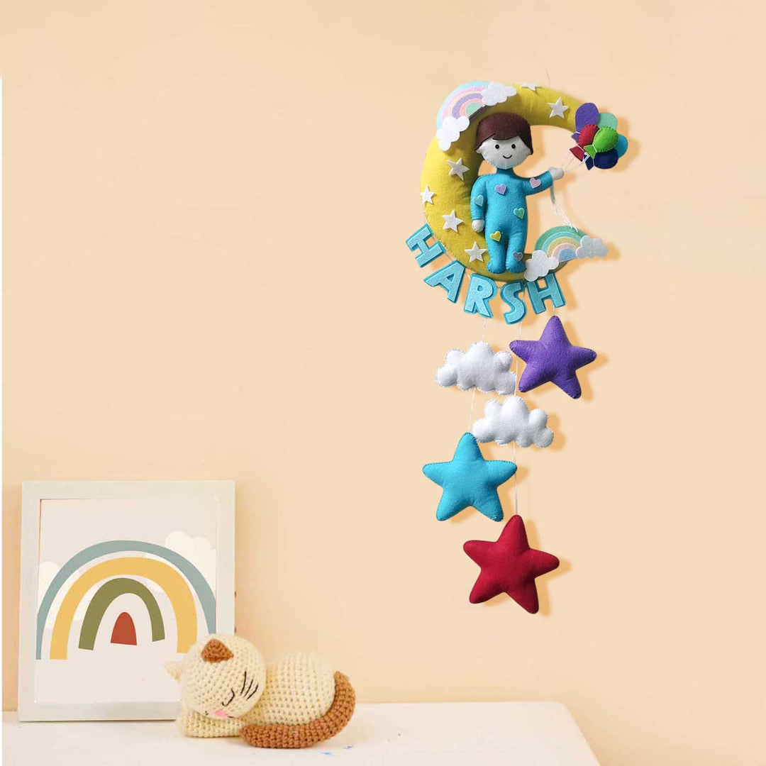 Personalized Handmade Boy On The Moon Design Felt Kids Name Plate