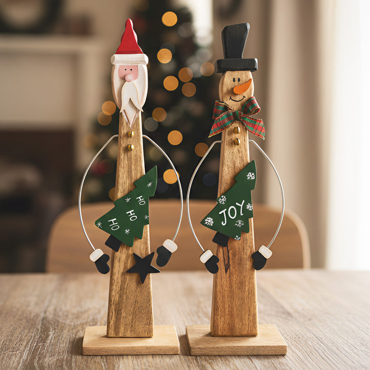 2 Pc | Handmade Snowman & Santa Standy Wooden Table Decor