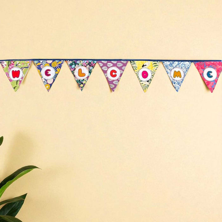 Handmade Multicolored "Welcome" Upcycled Fabric Bunting