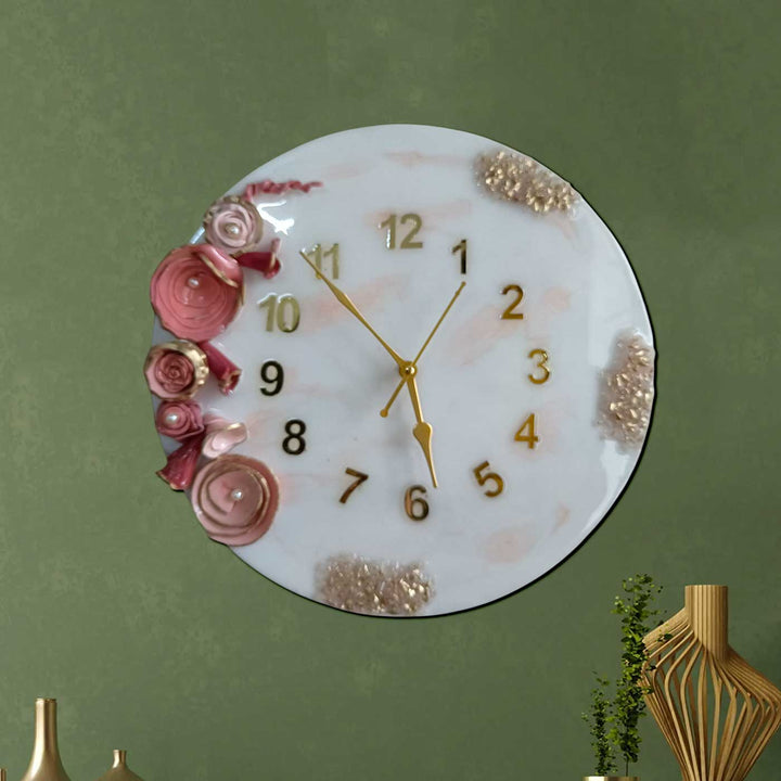 Handmade Pink Floral Theme Resin Wall Clock