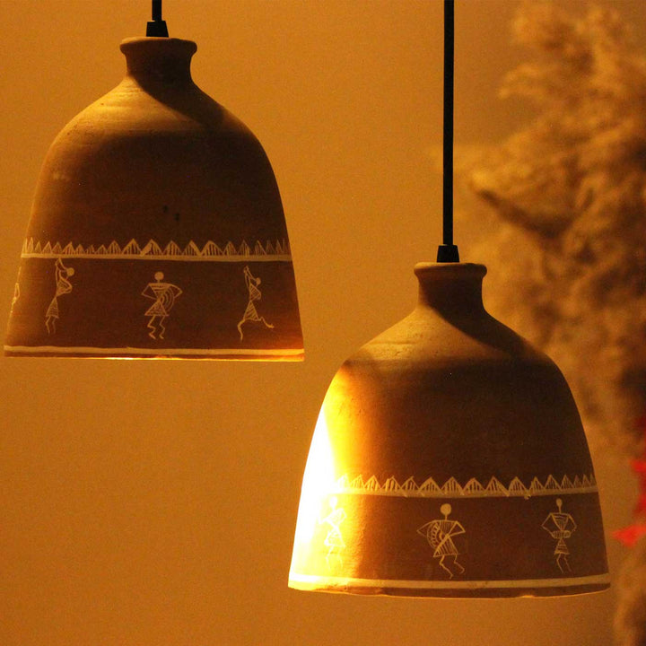 Handmade Tribal Art Painting Natural Terracotta Hanging Lamp | Set Of 2