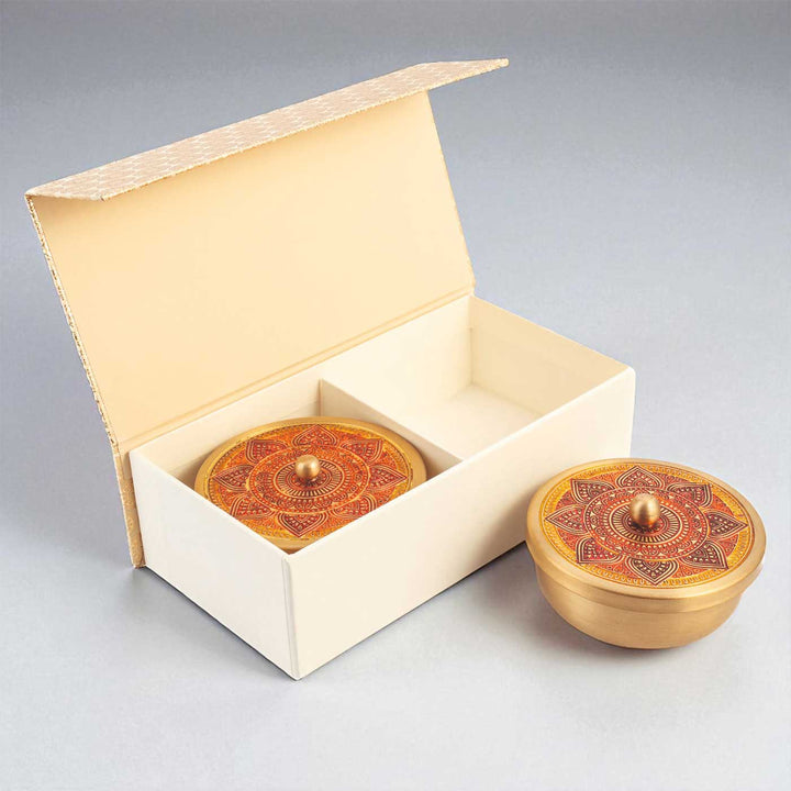 Hand-Painted Puri Brass Gift Hamper | Includes 2 Containers And 1 Gift Box