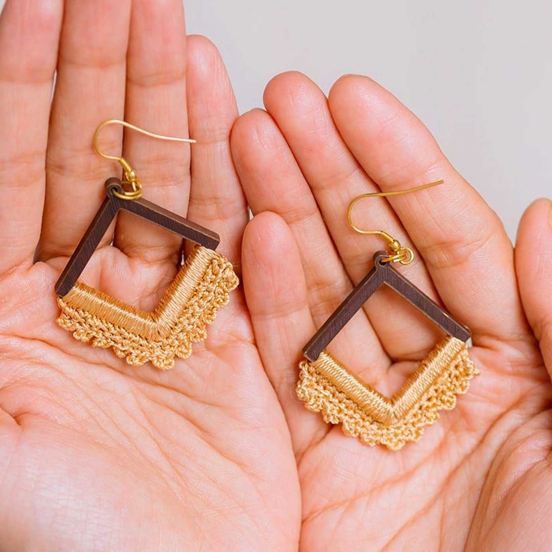 Handmade Crochet Beige Square Loop Earrings