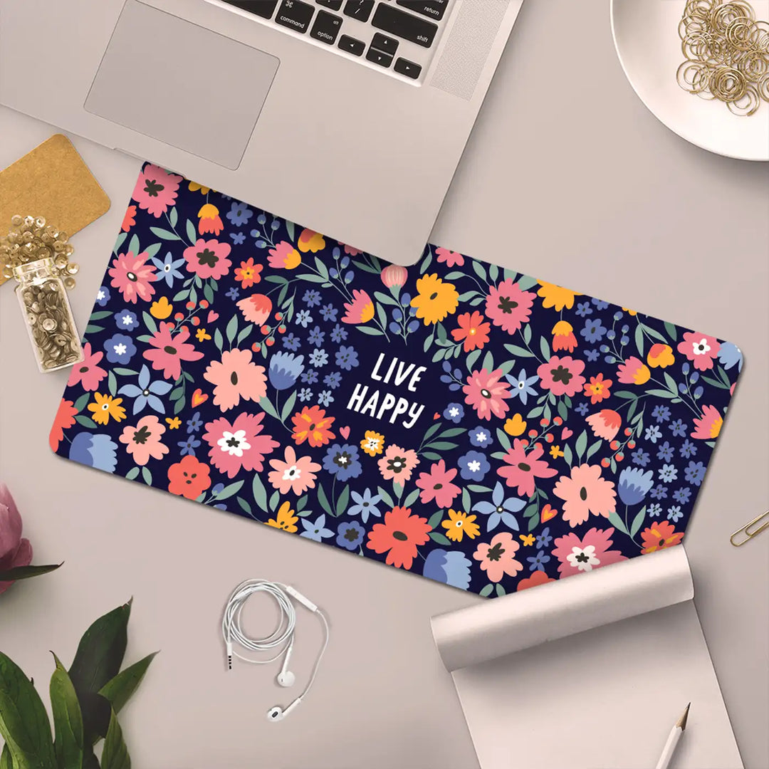 Printed Anti Slippery & Water Resistent Floral "Live Happy" Desk Mat