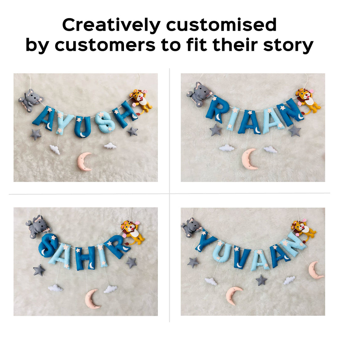 Handcrafted Personalized Ele Monkey Bunting For Kids - Name Personalization Examples on Wall