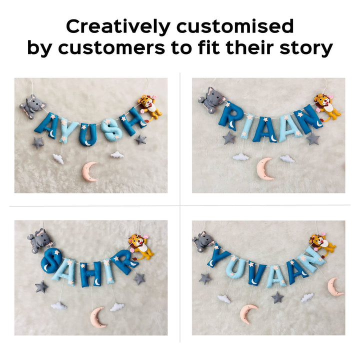 Handcrafted Personalized Ele Monkey Bunting For Kids - Name Personalization Examples on Wall