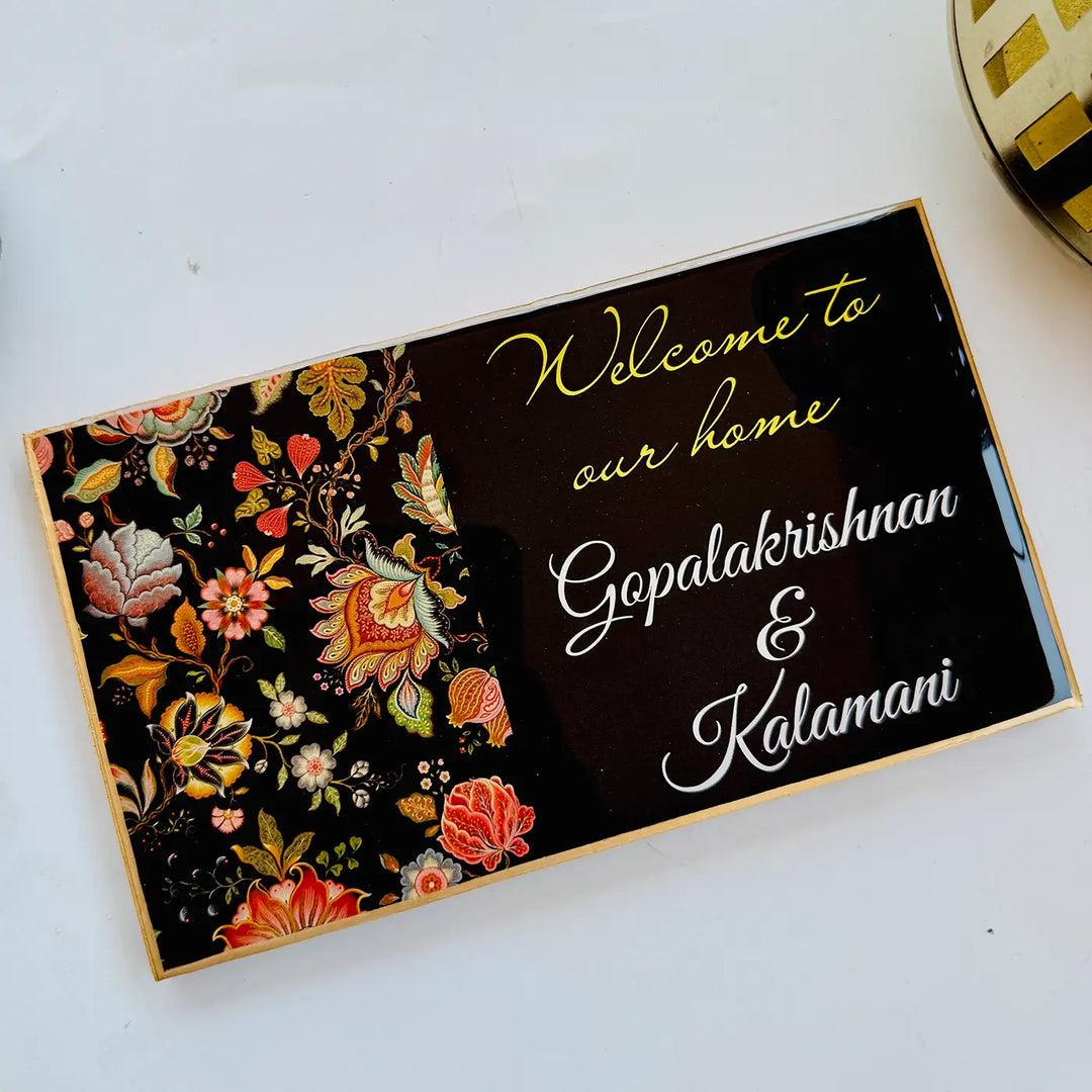 Black Floral Personalized Printed Rectangle Resin Name Plate