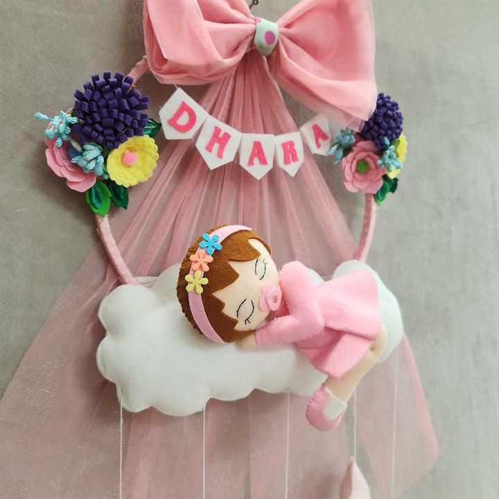 Personalized Cloud Theme Felt Kids Name Plate For Girls - Close-up of Hanging Name Decoration