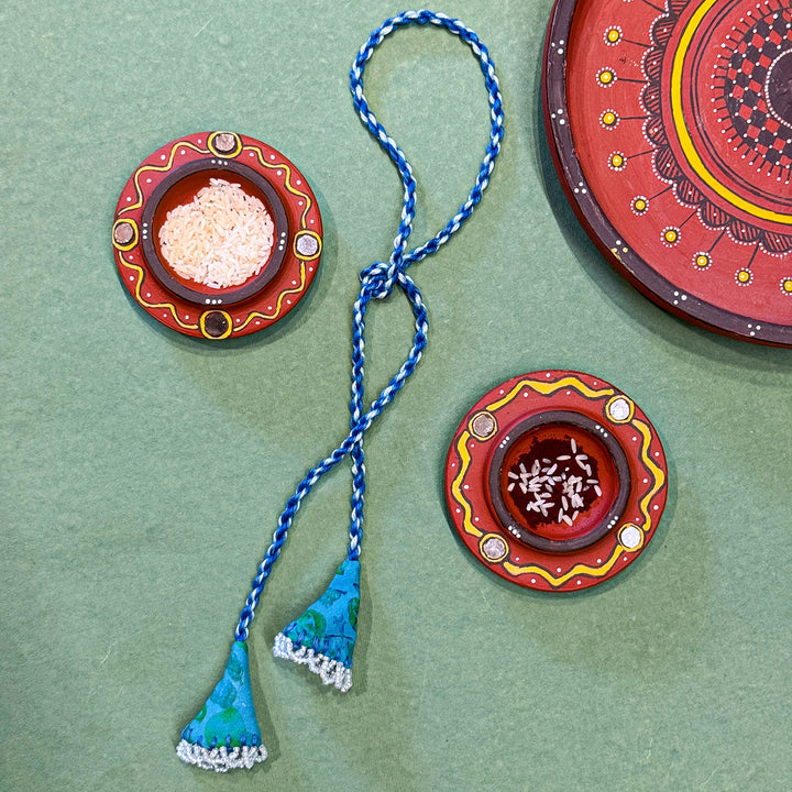 Handmade Reusable Blue Mirror And Jhumki Rakhi For Bhabhi - Full Length View