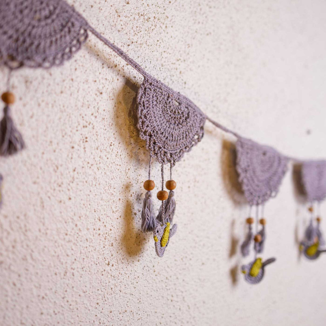 Handmade Crochet Grey Tassel Boho Cotton Bunting - Close-up of Hanging Wall Garland