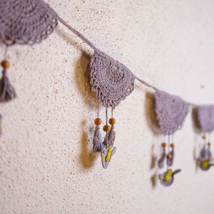 Handmade Crochet Grey Tassel Boho Cotton Bunting - Close-up of Hanging Wall Garland