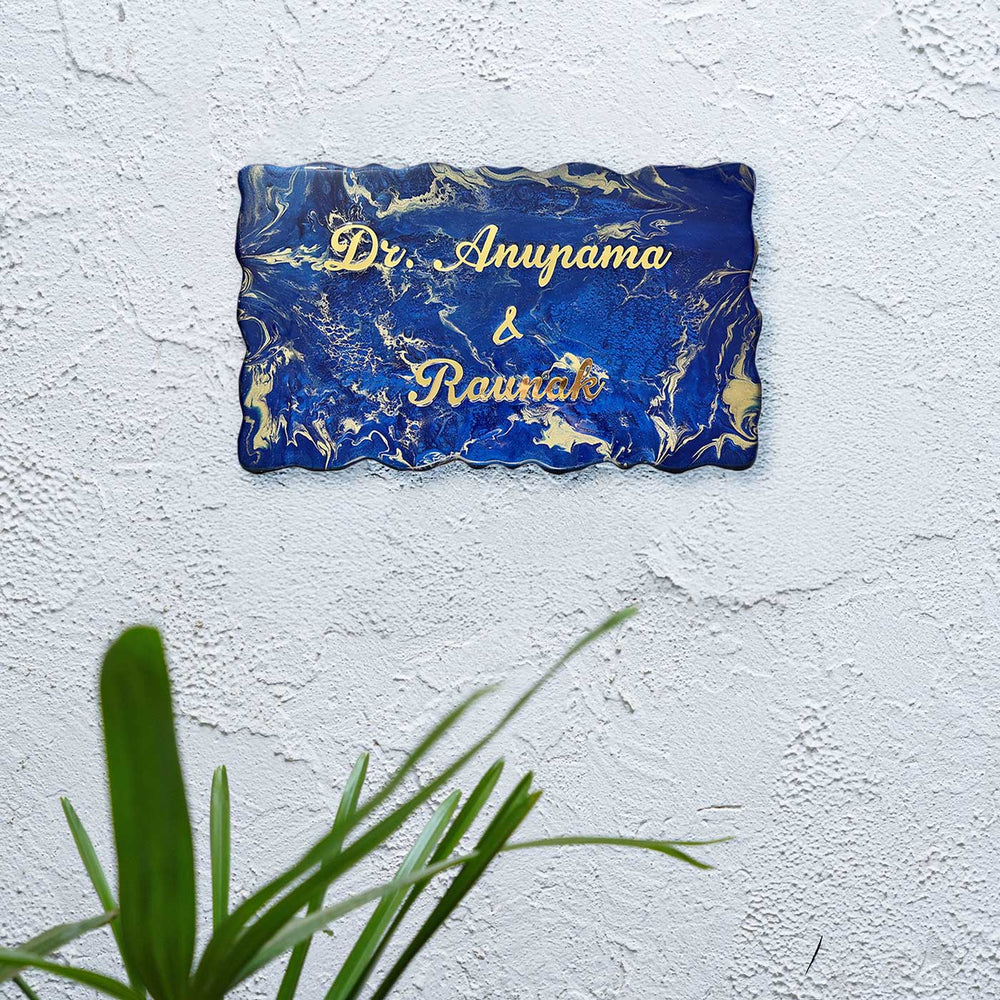 Personalized Navy Blue And Gold Design Resin Name Plate - Wall Mounted Front View