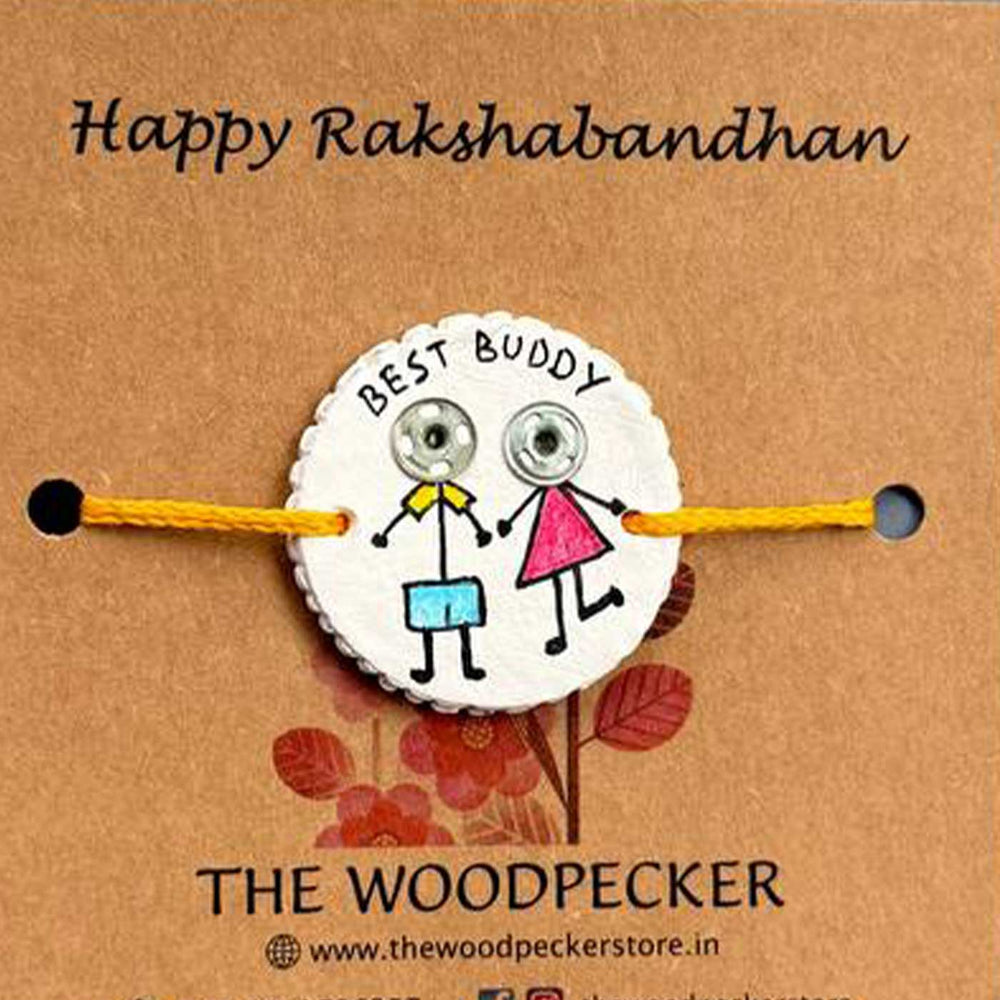 Personalized Hand Painted Best Buddy Clay Rakhi With Roli Chawal - Packaged with festive greeting card