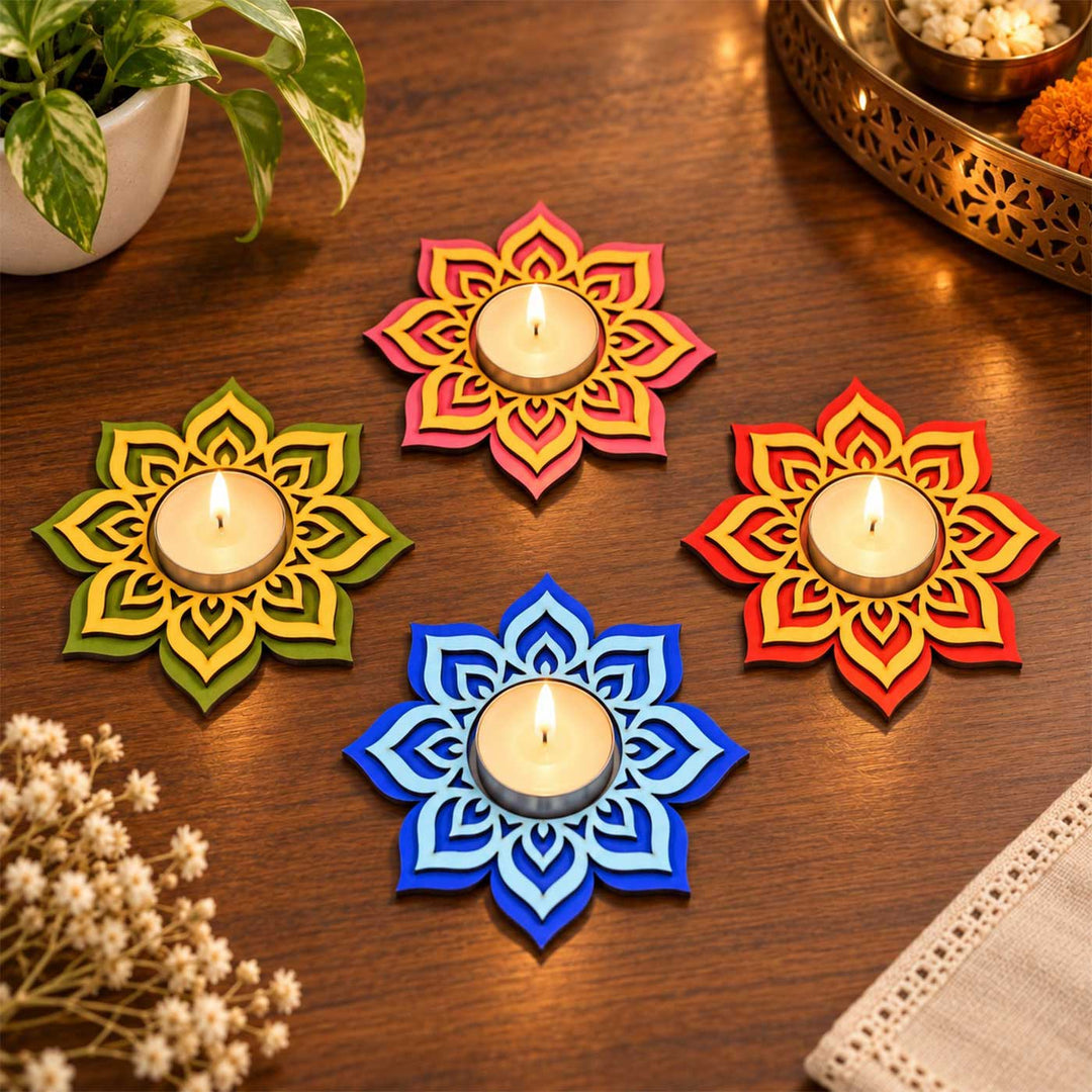 Set of 4 | Handcrafted Colourful Mandala Wooden Tealight Holders