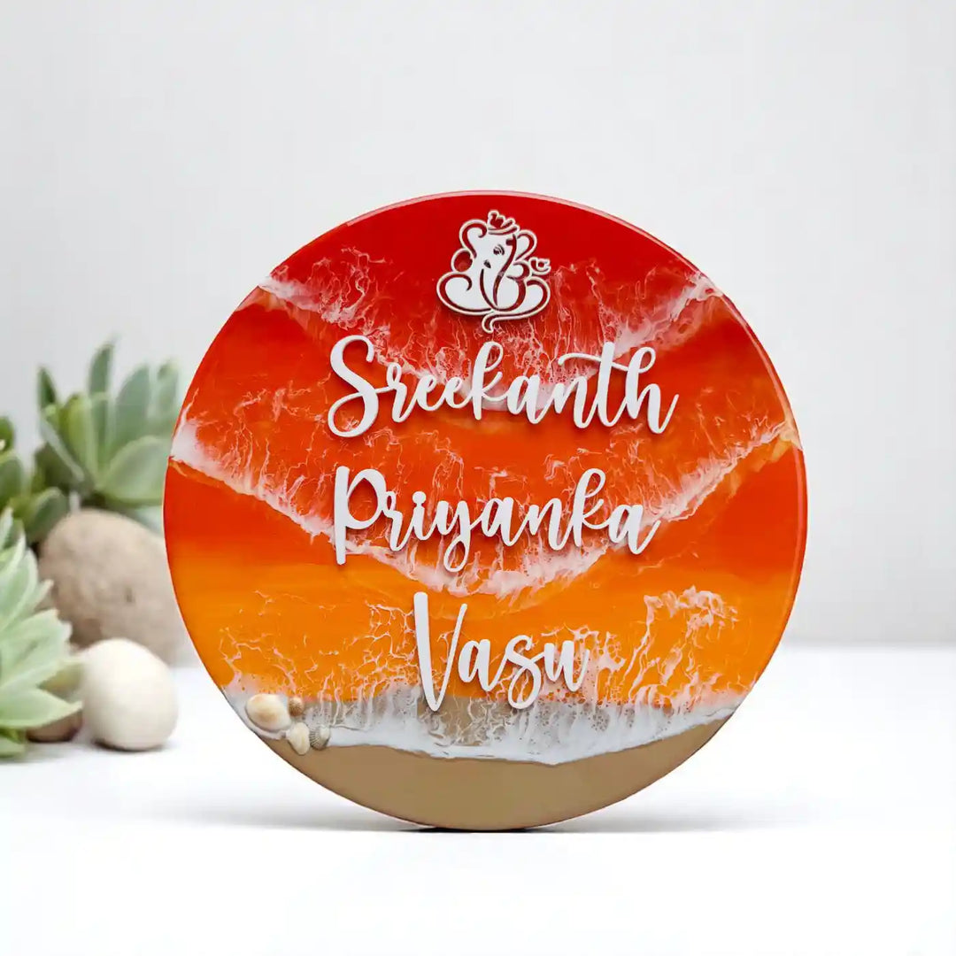Orange Personalized Ocean Effect Round Resin Name Plate | With 3D Acrylic Letters