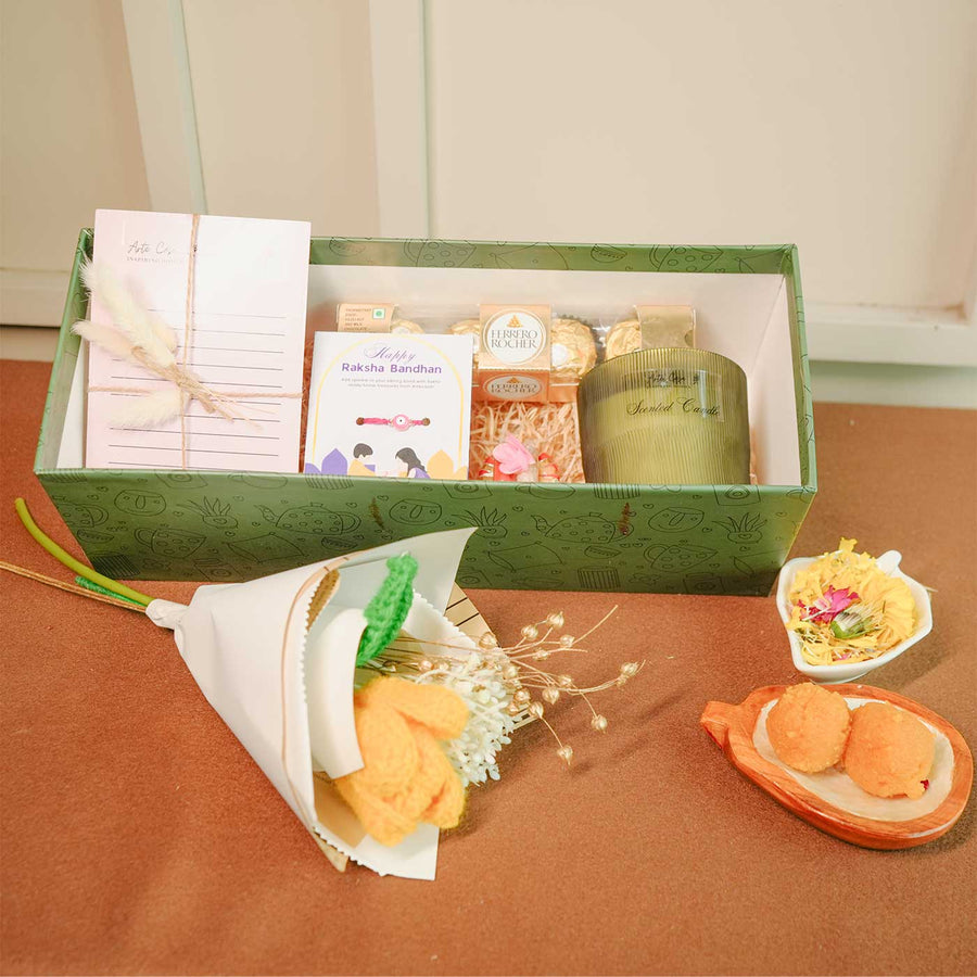Personalized Handmade Crochet Flower Lover Rakhi Hamper Includes 1 Gift Box 1 Crochet Flower 1 Rakhis 1 Roli Chawal 1 Candle And 1 Message Card - Gift Box with Included Items