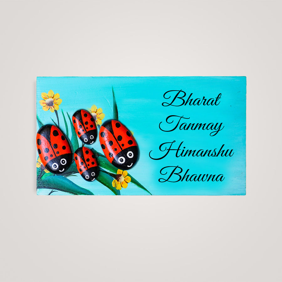 Hand Painted Ladybugs Pebble Name Plate - Front View with Name Personalization