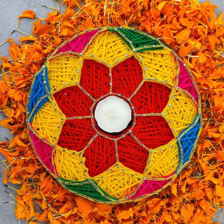 Handmade String Art Flower Design Wooden Tealight Holder With Tealight Candle