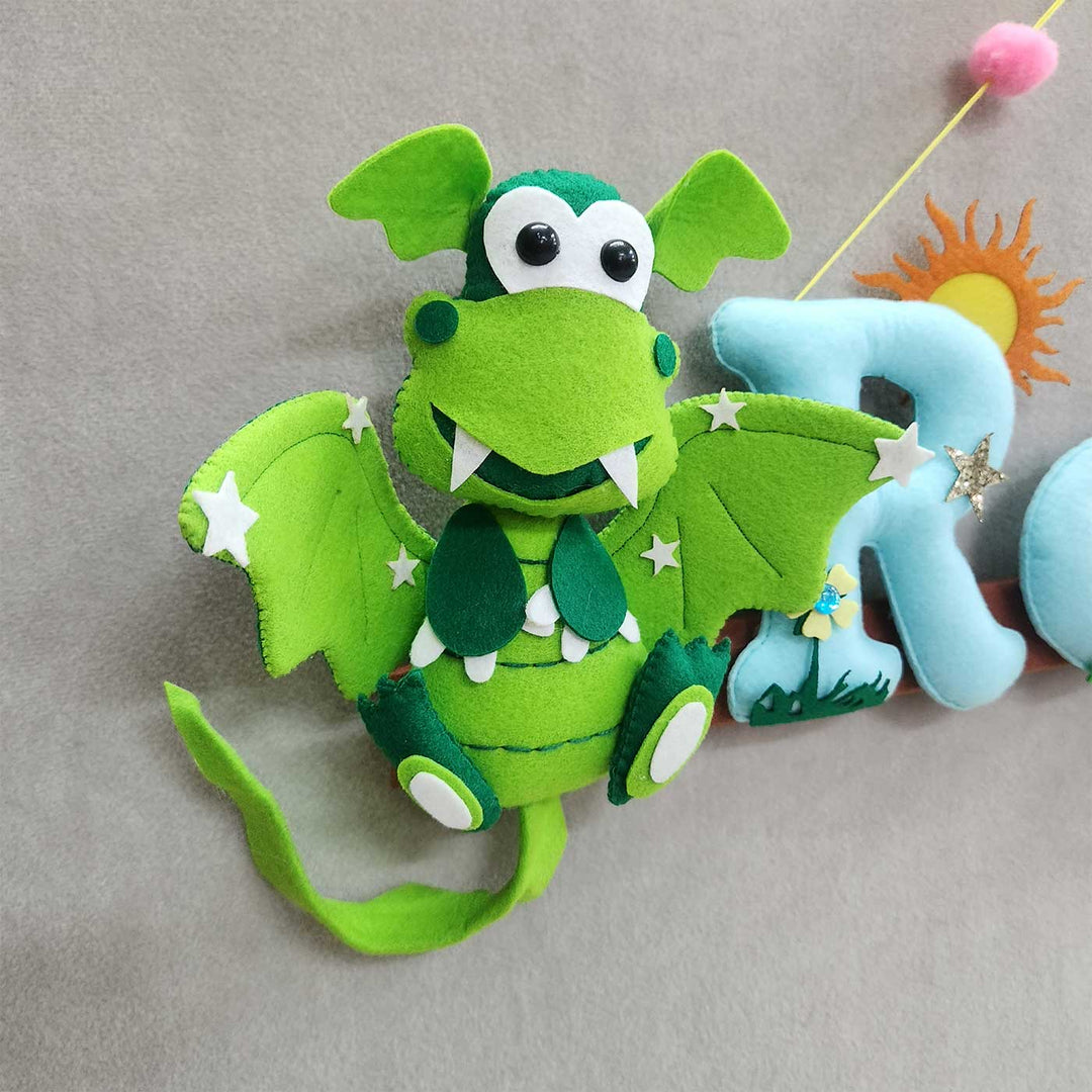 Personalized Dragon Theme Felt Kids Name Plate - Hanging with Decorative Background