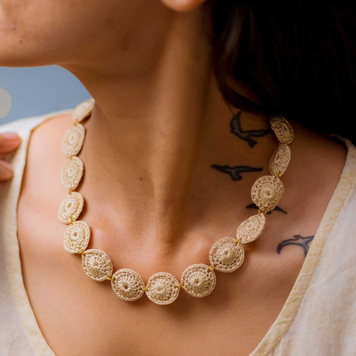 Handmade Crochet Beige Ornate Tikki Necklace