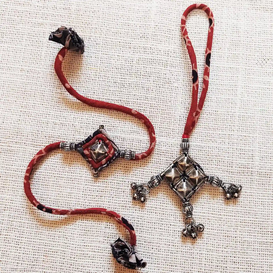 Handmade Dori Work Antique Bhaiya Bhabhi Rakhi With Roli Chawal Set Of 2 - Two Pendants Side by Side
