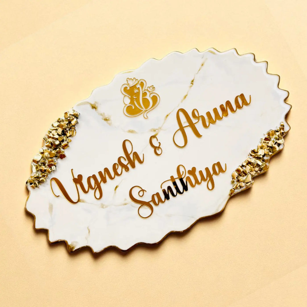 White & Gold Personalized Marble Effect Oval Resin Name Plate | With 3D Acrylic Letters & Gold Stone Embellishment