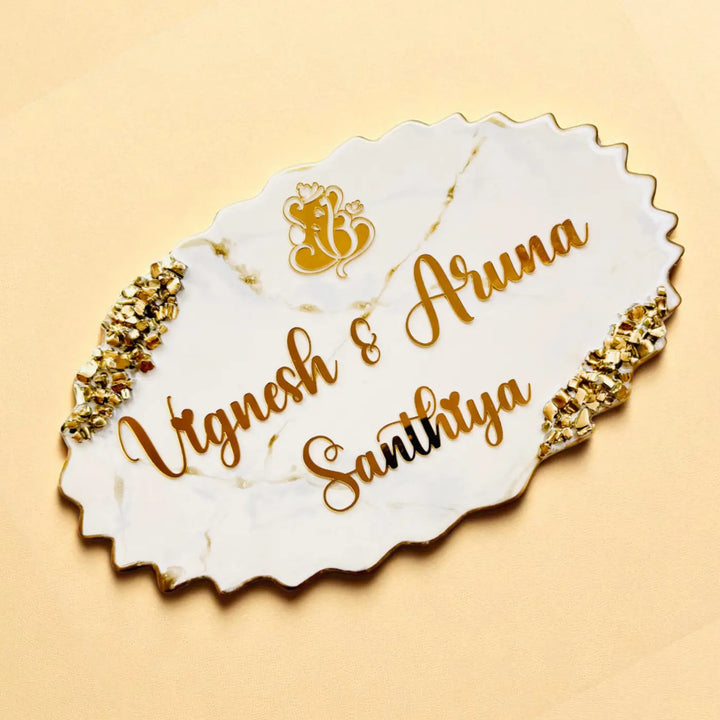 White & Gold Personalized Marble Effect Oval Resin Name Plate | With 3D Acrylic Letters & Gold Stone Embellishment