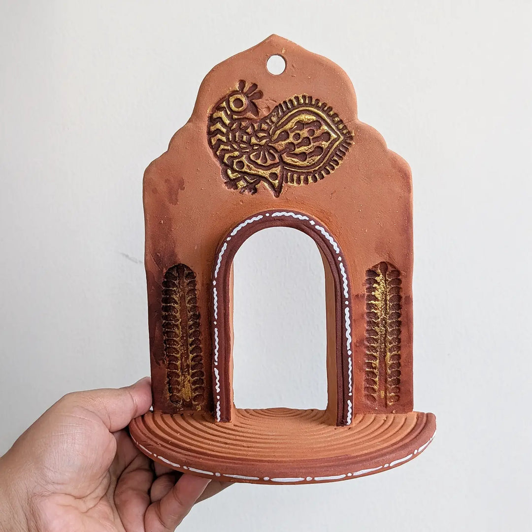 Hand-Painted Peacock Motif Natural Terracotta Tealight Holder
