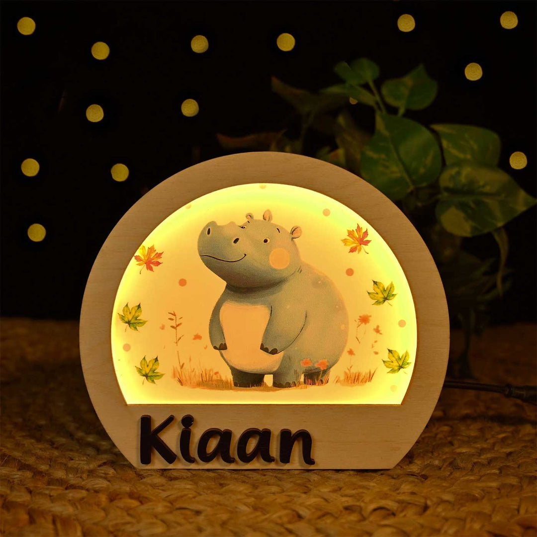 Personalized Hippo Theme Wooden Table Lamp For Kids With 3D Letters