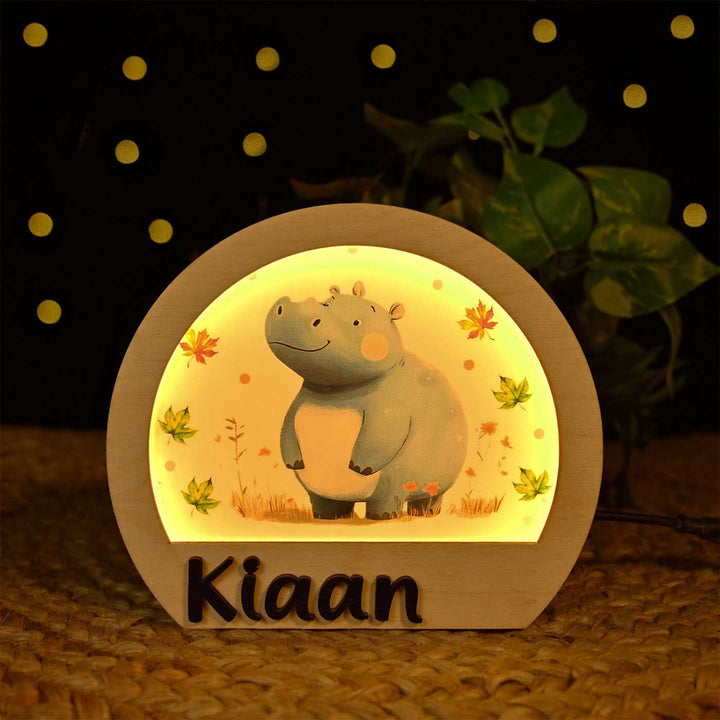 Personalized Hippo Theme Wooden Table Lamp For Kids With 3D Letters
