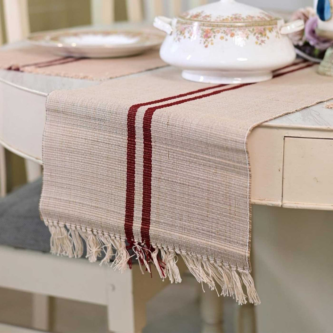 Hand Woven Double Maroon Stripped Madhurkati Table Runner