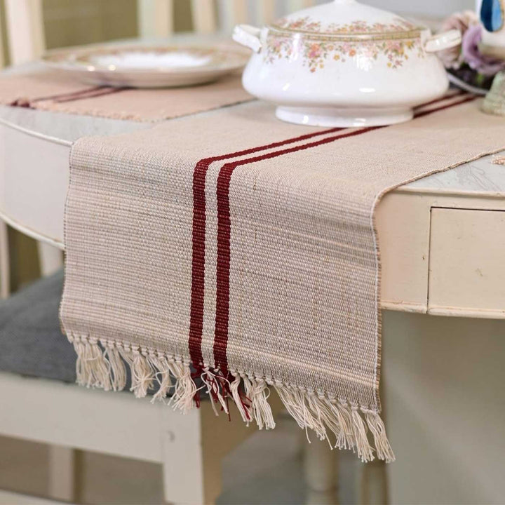 Hand Woven Double Maroon Stripped Madhurkati Table Runner
